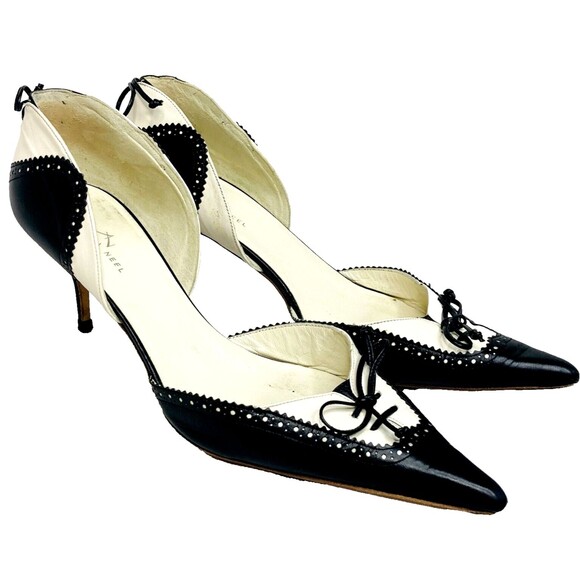 Alexandra Neel Stiletto Heels Pointy Brogue Black White 7.5 8 38.5 Witchy Goth - Picture 1 of 16